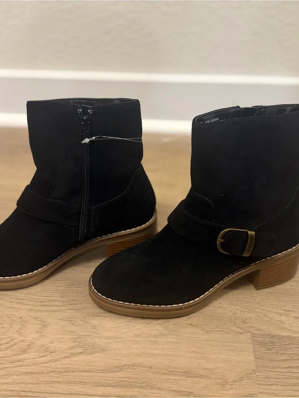 Women’s Black Suede Ankle Booties with Buckle Accent